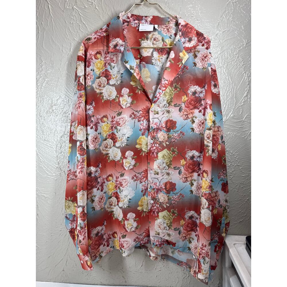 ASOS DESIGN Womens Relaxed Deep Revere Sheer Floral Shirt Button Up Plus Size 2X